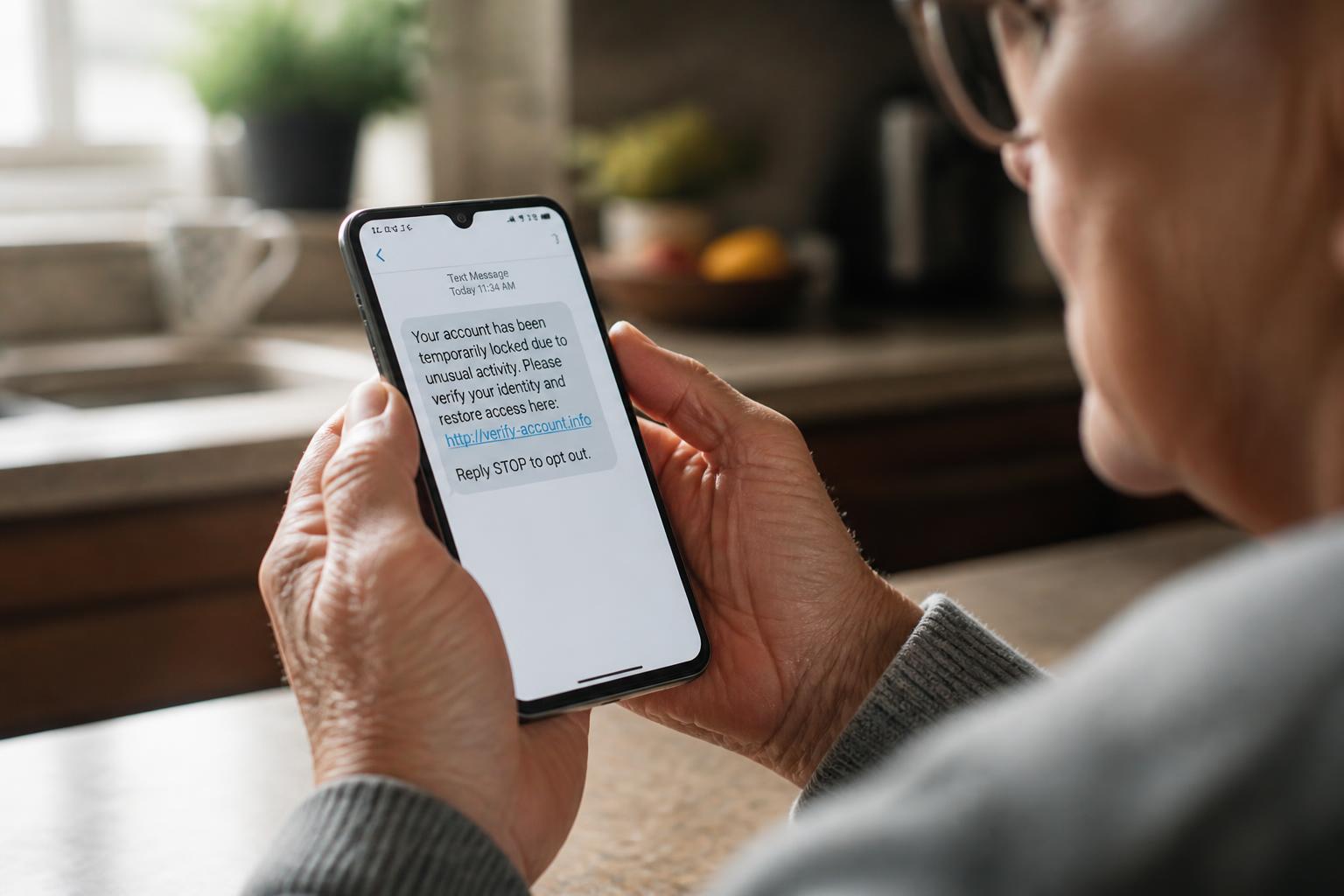 Bank of America Text Scam: How to Spot the Fake Alert (2026 Guide) Bank of America text scam example: senior's hands holding a smartphone showing a fake bank fraud alert text about unusual account activity with a phishing link