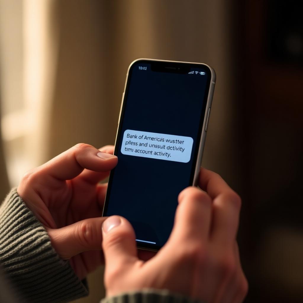 Senior's hands holding a smartphone showing a suspicious fake Bank of America text alert about unusual account activity