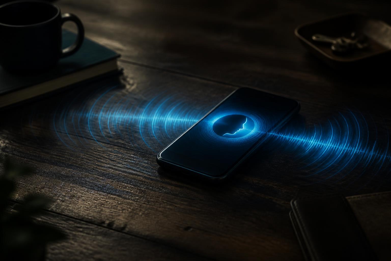 AI Voice Cloning Scams: The 10-Second Family Safe Word That Stops Them AI voice cloning scam concept: smartphone on a dark wooden table emitting glowing blue soundwave ripples representing a fake AI-generated voice impersonating a family member in a grandparent scam call