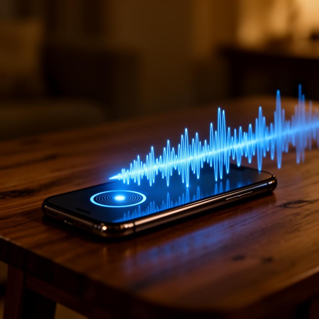 Smartphone on a wooden table emitting glowing blue soundwaves, representing an AI voice cloning scam call