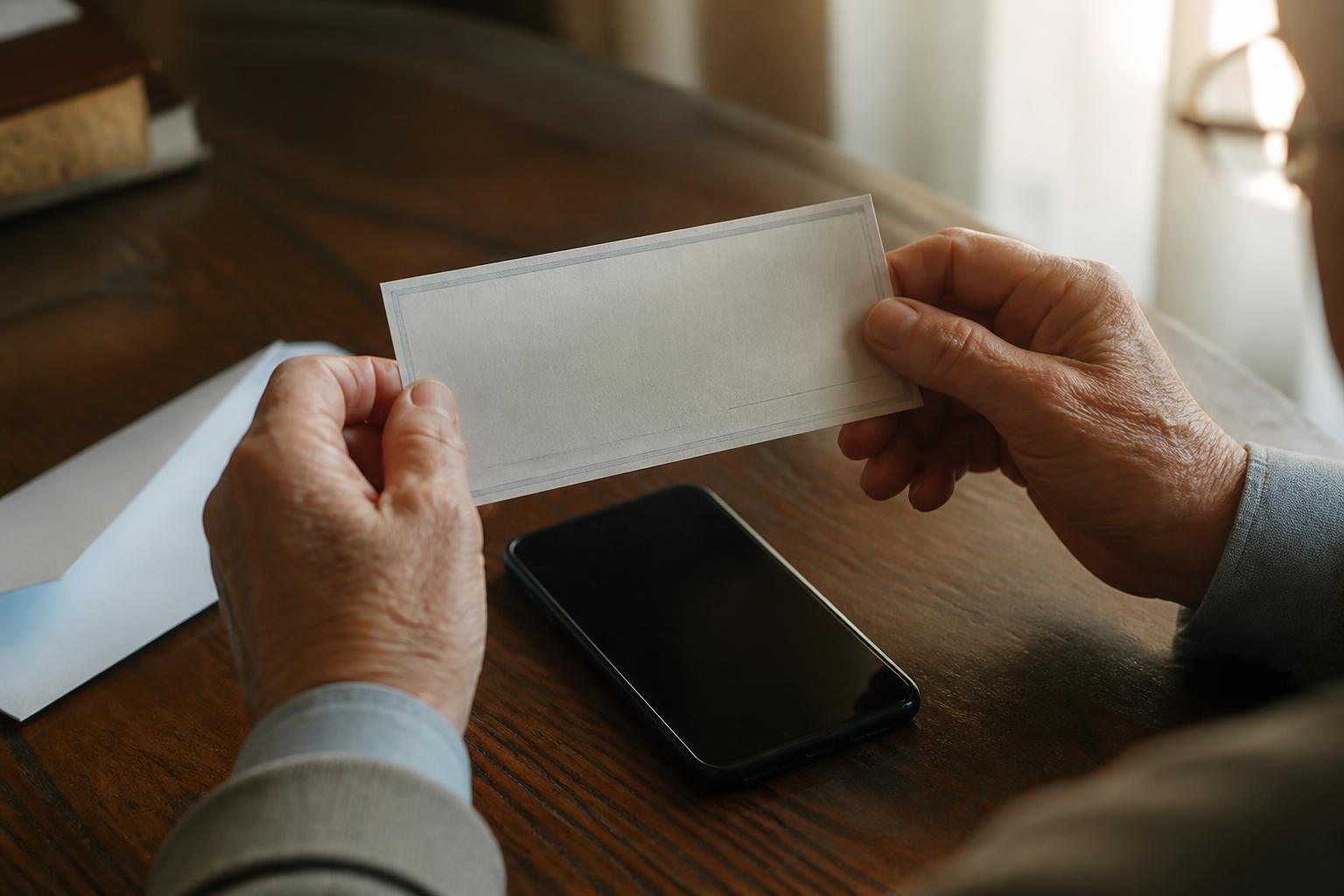 Fake Check Scams: How to Spot One Before You Deposit It (2026) Fake check scam example: senior's hands holding a suspicious paper check next to a smartphone and envelope, deciding whether to deposit the check at the bank