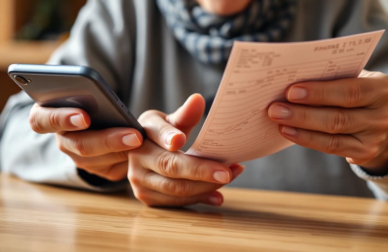 Senior's hands holding a paper check next to a smartphone, considering whether to deposit it