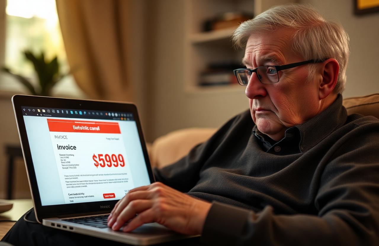 Senior man at a laptop looking concerned at a suspicious invoice email showing a $499 charge