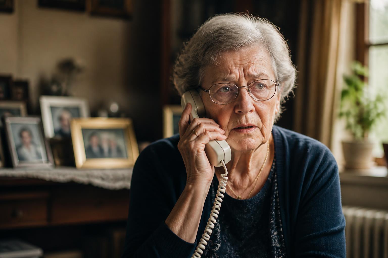 How to Spot a Grandparent Scam Phone Call (2026 Guide) Grandparent scam phone call: worried elderly grandmother holding a corded landline phone to her ear with a concerned expression during a suspicious call from someone claiming to be a family member