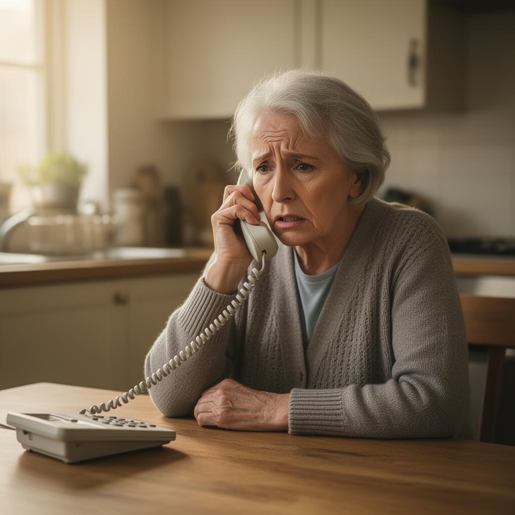 Worried senior woman holding a landline phone, looking concerned during a suspicious call