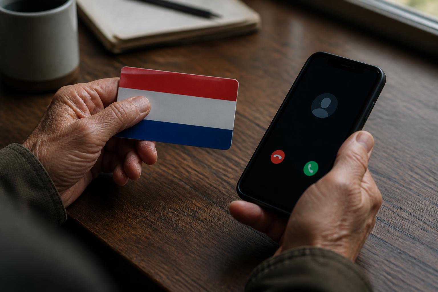 Medicare Card Scam: 5 Things Real Calls Never Ask For Medicare card scam example: senior's hands holding a red, white, and blue Medicare-style insurance card next to a smartphone showing an unknown incoming call asking to verify the Medicare number