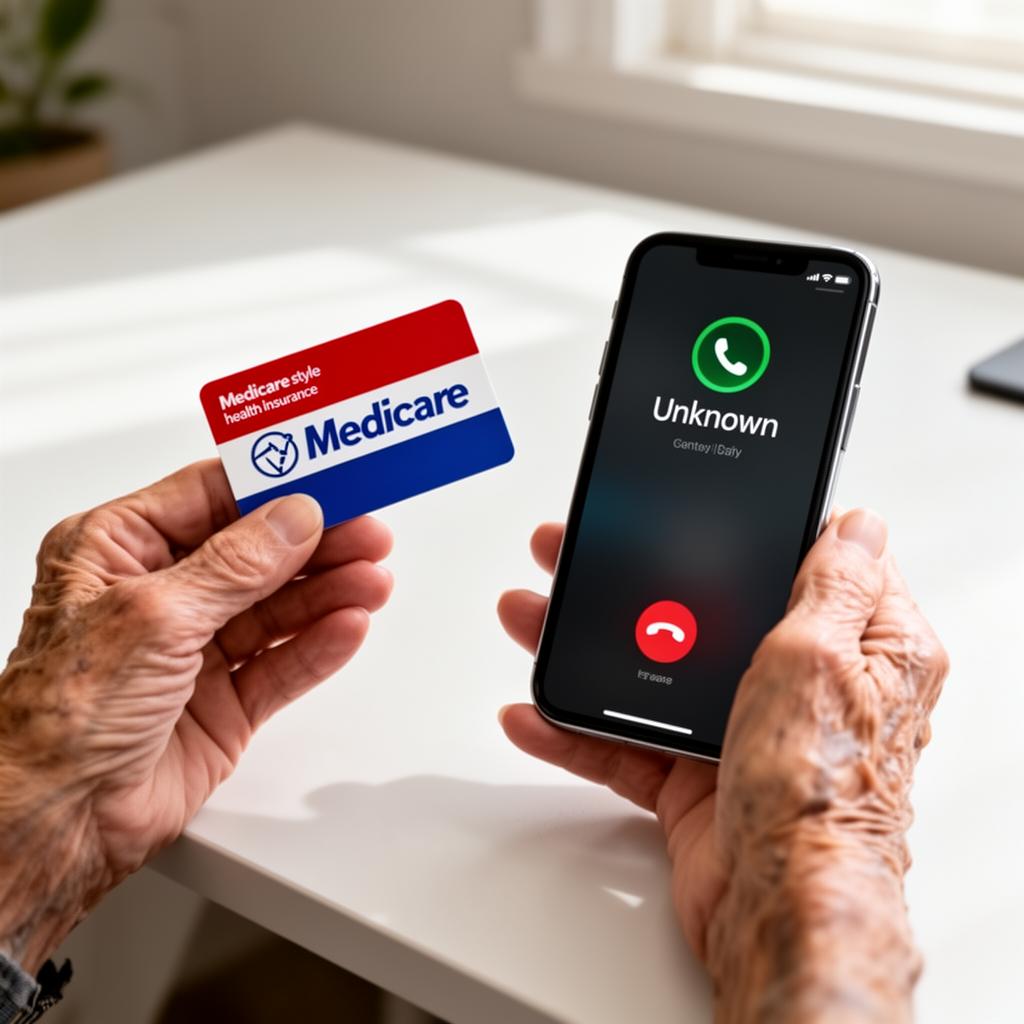 Senior's hands holding a Medicare-style card next to a smartphone showing an unknown incoming call