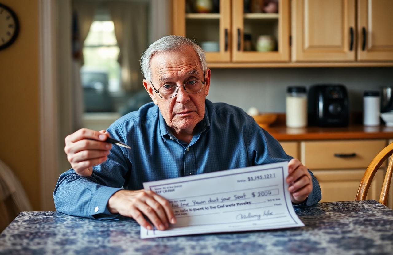 Senior man at his kitchen table examining a suspicious oversized prize check from a fake sweepstakes mailing