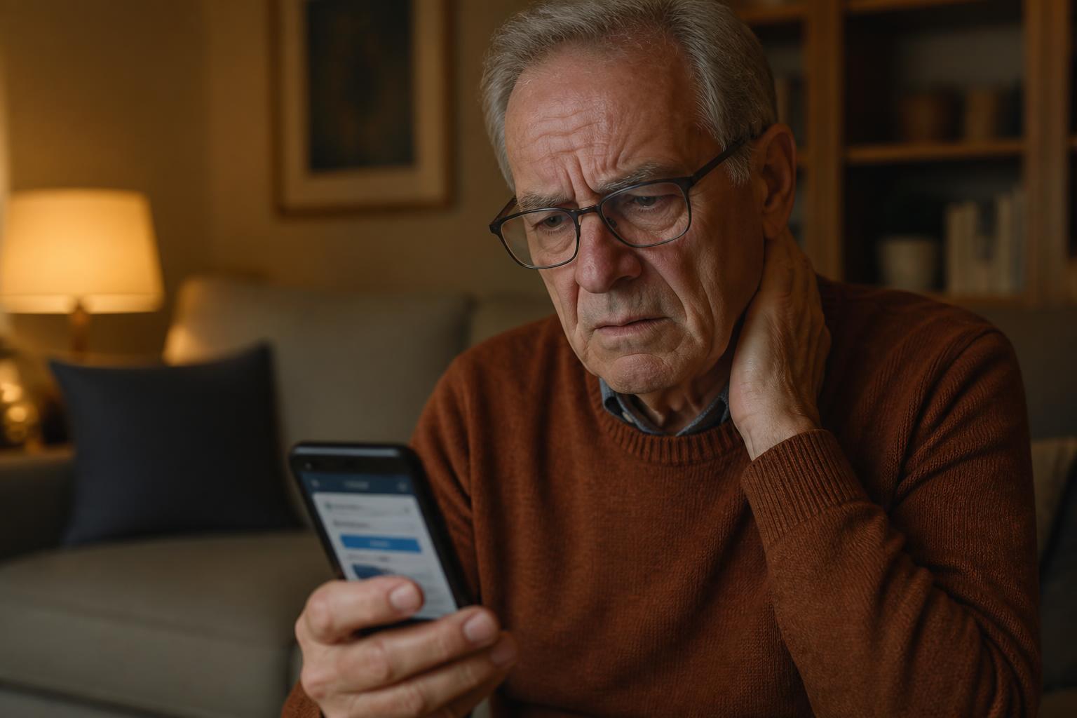 Will Zelle Refund Your Money If You're Scammed? (2026 Guide) Zelle scam refund: senior man with glasses in a warmly lit living room looking concerned at a smartphone displaying a peer-to-peer payment app after sending money to a scammer