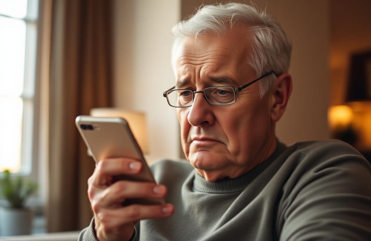 Senior man with glasses looking concerned at a smartphone showing a payment app in a warmly lit living room