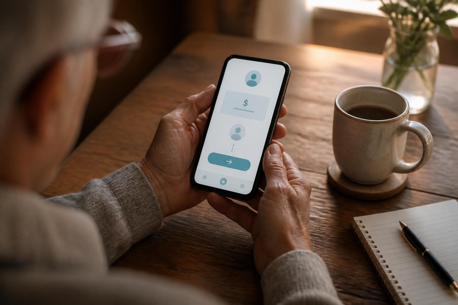 Cash App Scams: 9 Ways Thieves Steal Your Money (2026 Guide) Cash App scam example: senior's hands holding a smartphone showing a suspicious peer-to-peer payment request from an unknown Cash App sender on a wooden table