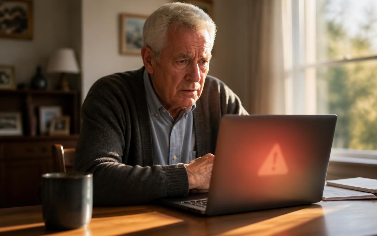 How to Know If Your Computer Is Hacked: 12 Warning Signs (2026) How to know if your computer is hacked — a concerned silver-haired retired man in a cardigan at a sunlit home desk looking at a warning glow on his laptop screen