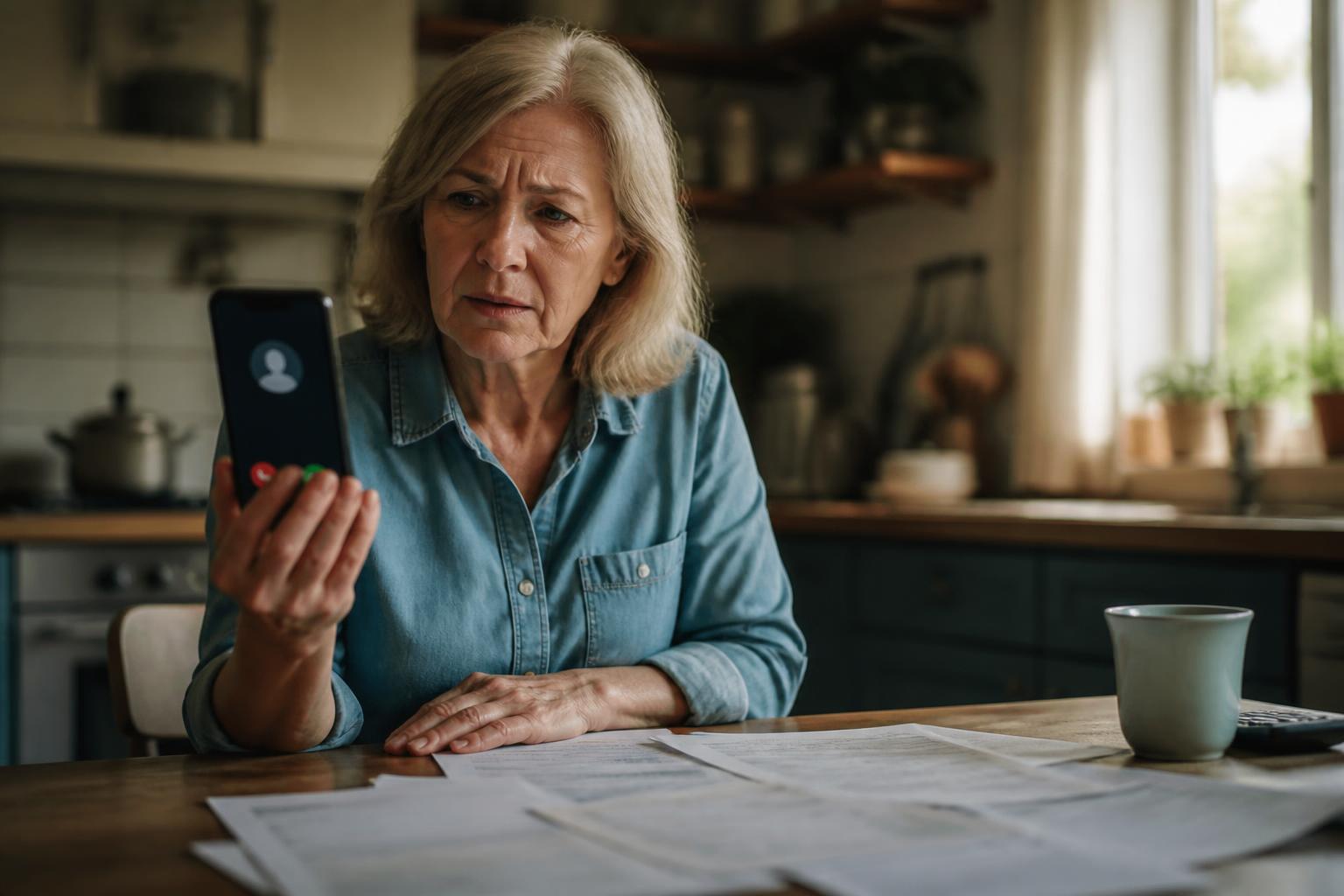 Does the IRS Call You? The Truth About IRS Phone Calls (2026 Guide) IRS phone scam example: worried senior woman in her kitchen looking at a smartphone showing an incoming call from someone claiming to be from the IRS threatening arrest over unpaid taxes