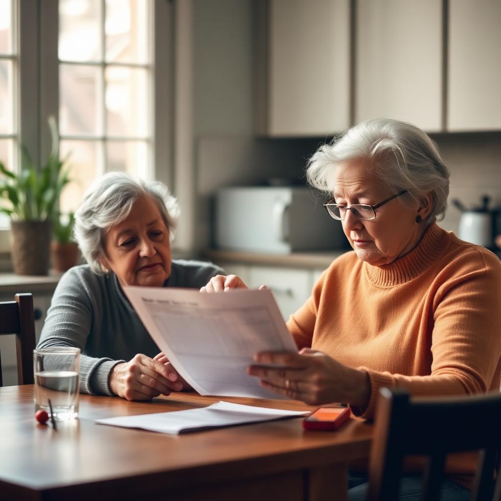 What to Do If Your Elderly Parent Is Being Scammed: The 2026 Family Action Plan (Step-by-Step) Adult daughter sitting at a kitchen table gently helping her worried elderly mother review paperwork and a phone call log in warm morning light