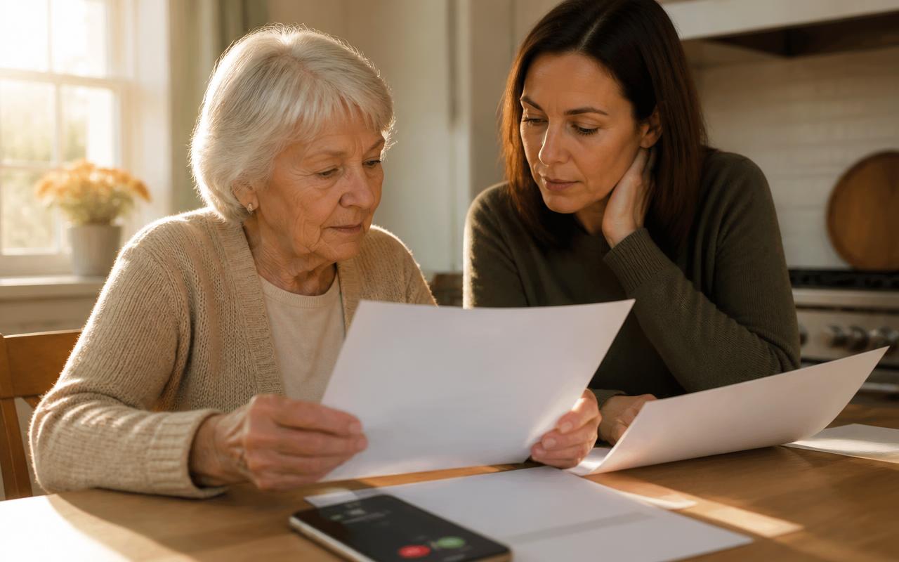 Elderly Scams in 2026: The Full List Targeting Seniors Elderly scams 2026 — a silver-haired woman in her seventies and her adult daughter reviewing bank statements at a sunlit kitchen table beside a smartphone showing an unknown caller