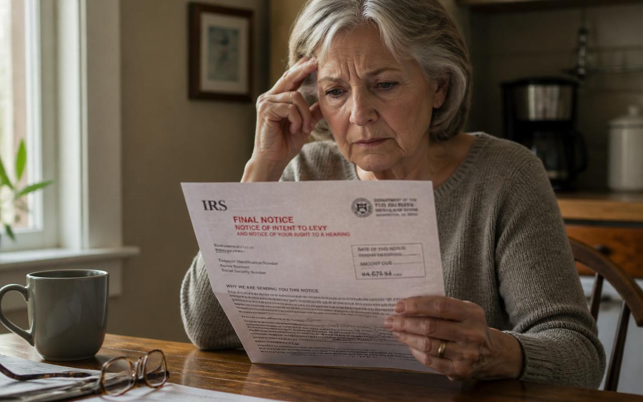 Fake IRS Letter in 2026: How to Spot the Scam (With Photos of Every Red Flag) Fake IRS letter scam — worried senior woman at a kitchen table examining a counterfeit IRS Final Notice with a fake Treasury seal