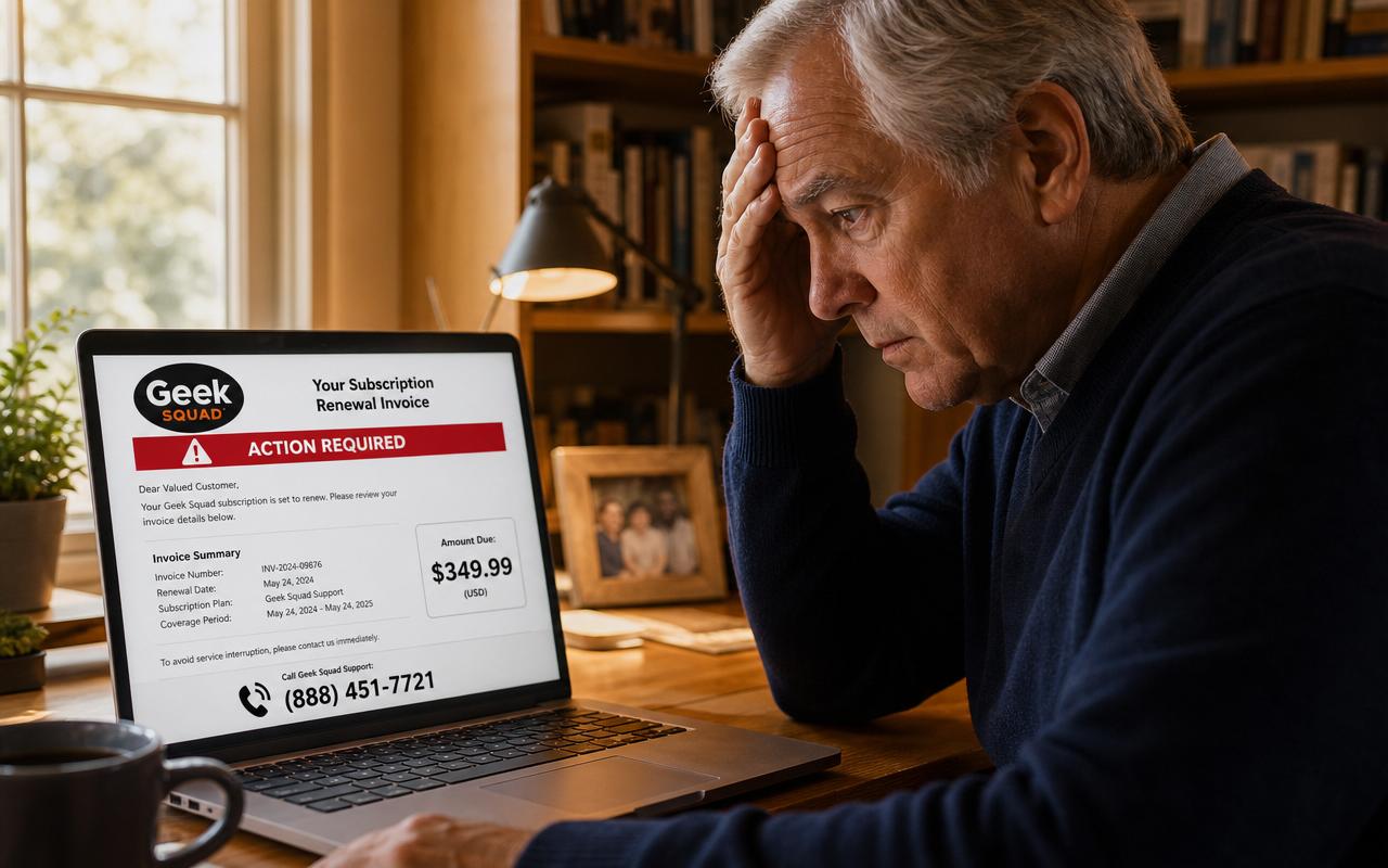 Geek Squad Scam Email in 2026: How to Spot the Fake Renewal Geek Squad scam email — worried senior man in a navy sweater at a home desk looking at a laptop screen showing a fake Geek Squad subscription renewal invoice with a red Action Required warning banner