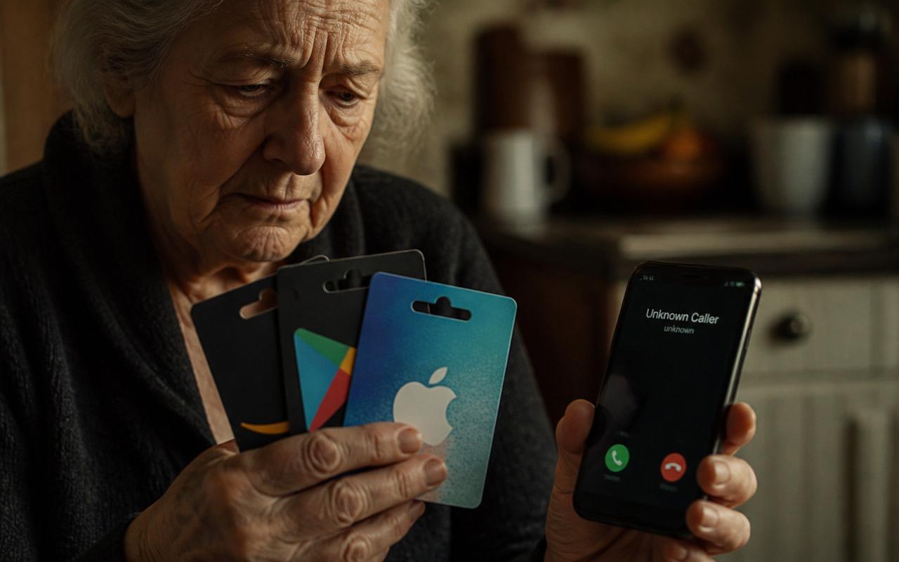 Gift Card Scams in 2026: How They Work, Red Flags & How to Get Your Money Back Gift card scam illustration: elderly woman's hands holding several retail gift cards next to a smartphone showing an unknown caller, warm kitchen lighting