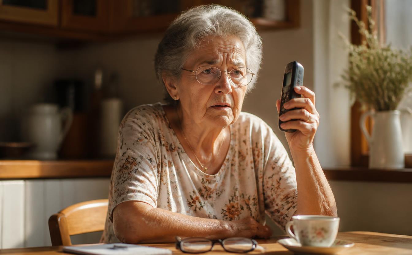 Grandparent Scam: How the 'It's Me, Grandma' Call Works (2026) Grandparent scam guide — a concerned senior woman in glasses holding a corded telephone at her kitchen table, listening to a caller pretending to be her grandchild in trouble