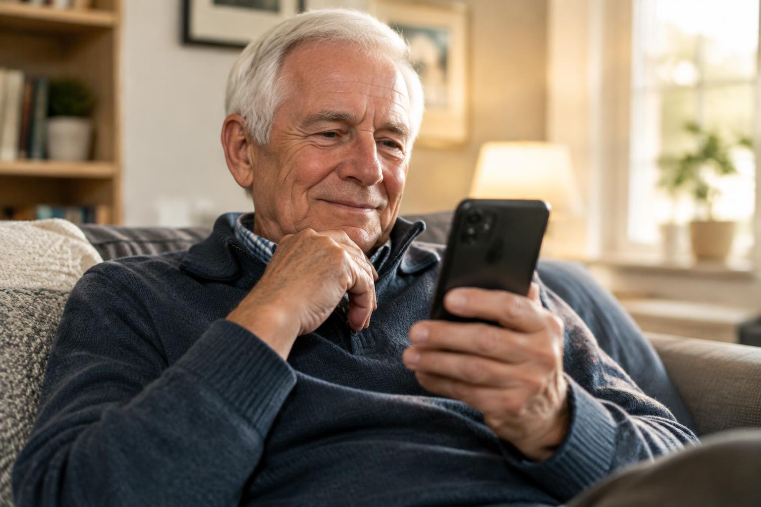 Retired man calmly reading a scam alert on his smartphone