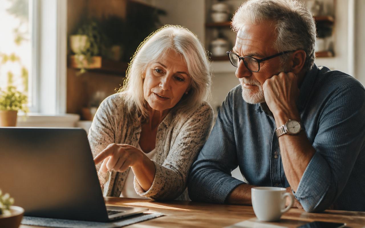 How to Avoid Online Scams in Retirement: The 2026 Guide How to avoid online scams in retirement — a silver-haired retired couple reviewing a suspicious email together on a laptop at a sunlit kitchen table