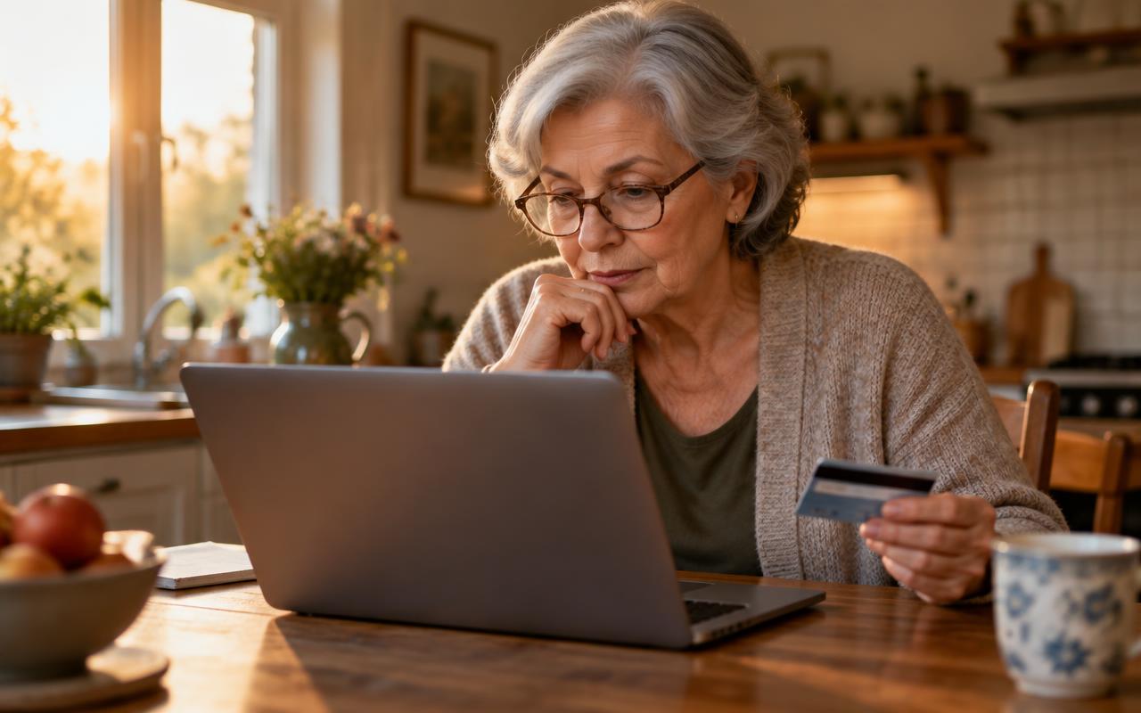 How to Tell if a Website Is Legit: 11 Checks (2026) Retired woman in reading glasses holding a credit card while checking whether a shopping website is legit on her laptop before buying