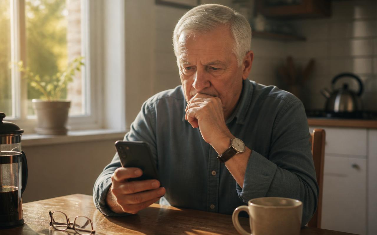 Is Zelle Safe in 2026? A Retiree's Honest Guide to Using Zelle Without Getting Scammed Retiree in his 60s sitting at a kitchen table in warm morning light, cautiously reviewing a banking app on his smartphone before sending a Zelle payment
