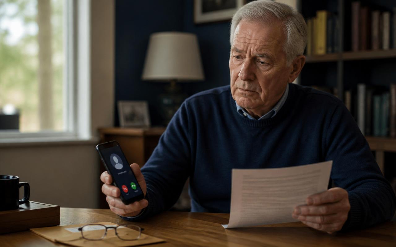 Jury Duty Scam 2026: The Fake Court Summons Call That's Draining Seniors' Bank Accounts Worried senior man at a home desk holding a smartphone showing an incoming call from an unknown number next to an official-looking court summons letter