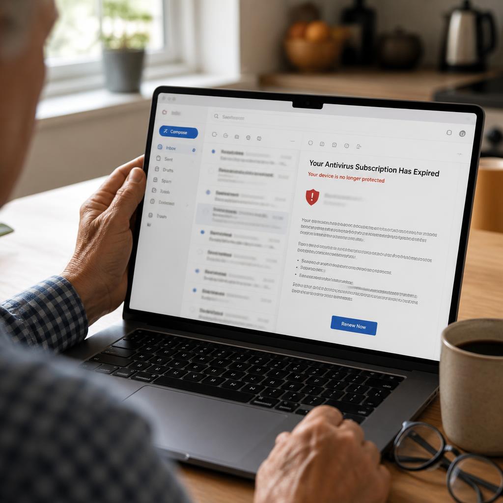 McAfee Scam Email in 2026: How to Spot the Fake Renewal & What to Do If You Clicked Older adult reviewing a suspicious antivirus renewal email on a laptop at a kitchen table in warm morning light