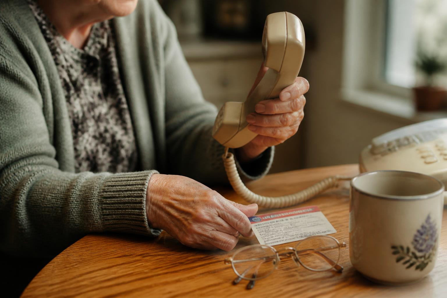 Medicare Scam Calls: How to Spot and Stop Them (2026 Retiree Guide) Medicare scam call illustration: concerned senior woman at a kitchen table holding a landline phone handset, unsure whether the Medicare caller is real