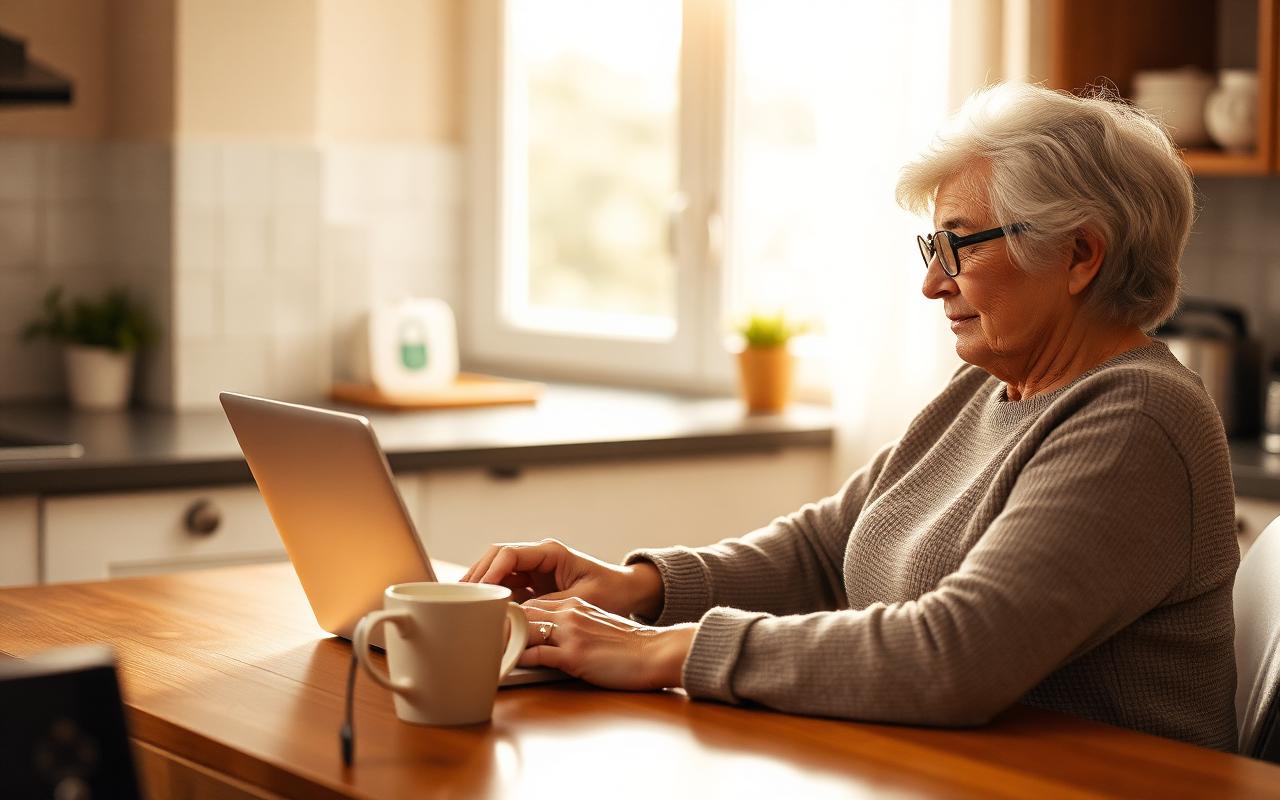 Is Online Banking Safe for Seniors? The Honest 2026 Answer Senior woman safely doing online banking on a laptop at her kitchen table with a secure padlock icon visible on screen