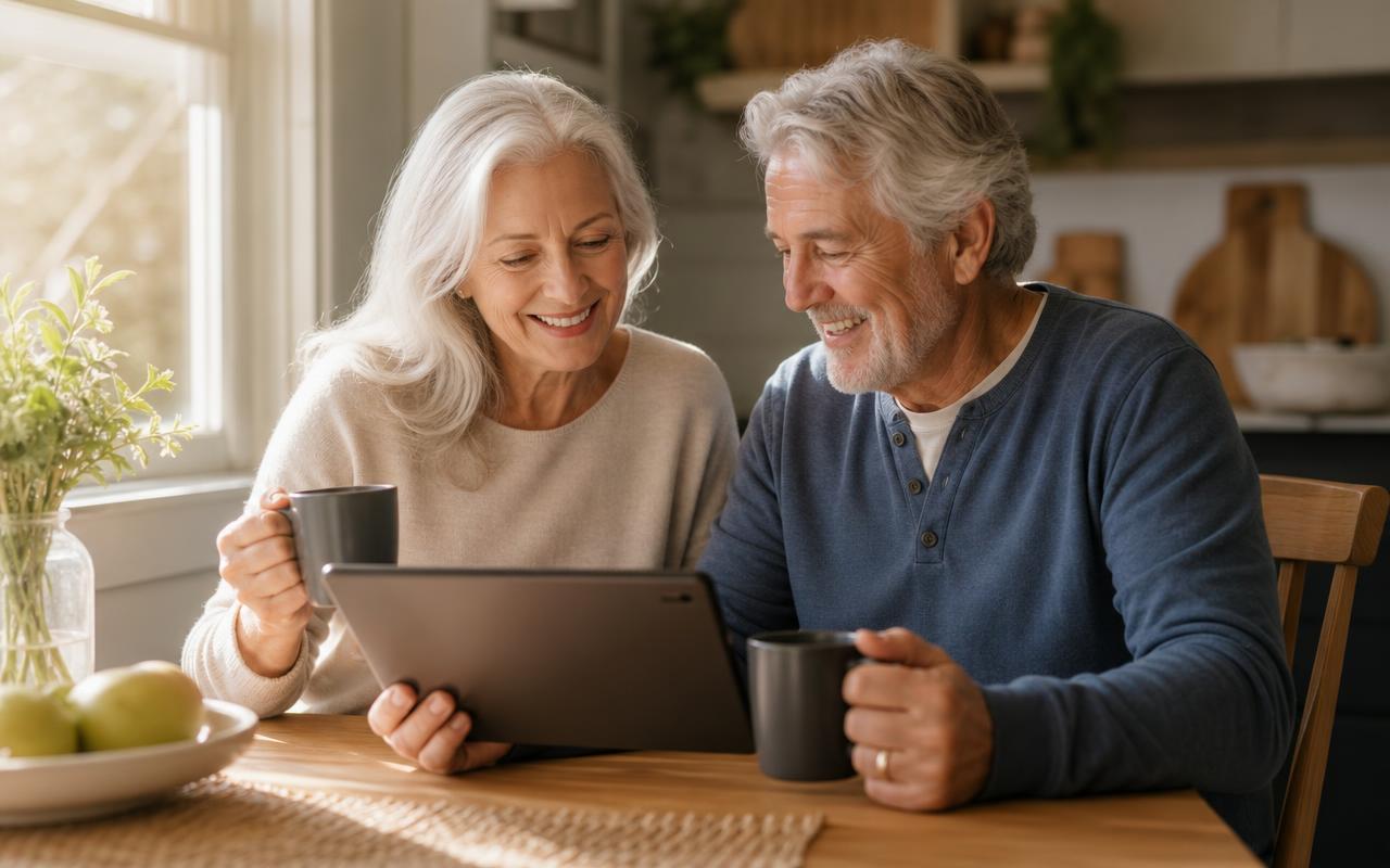 Online Safety Tips for Seniors: The 2026 Retirement Guide Online safety tips for seniors — a smiling silver-haired retired couple sitting at a sunlit kitchen table with coffee mugs, safely reviewing an account on a tablet together