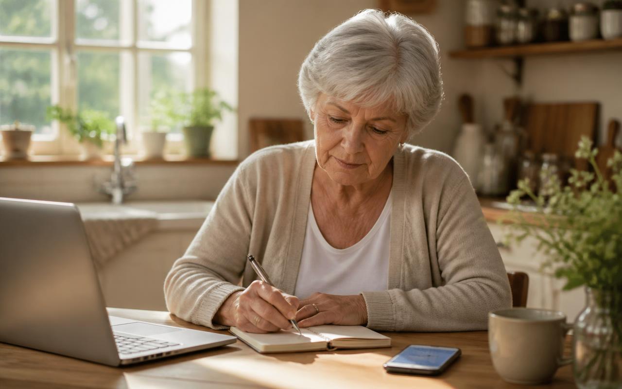 Password Manager for Seniors: 2026 Retirement Security Guide Password manager for seniors — a silver-haired woman in her seventies at a sunlit kitchen table setting up a password manager on her laptop with a notebook and smartphone beside her