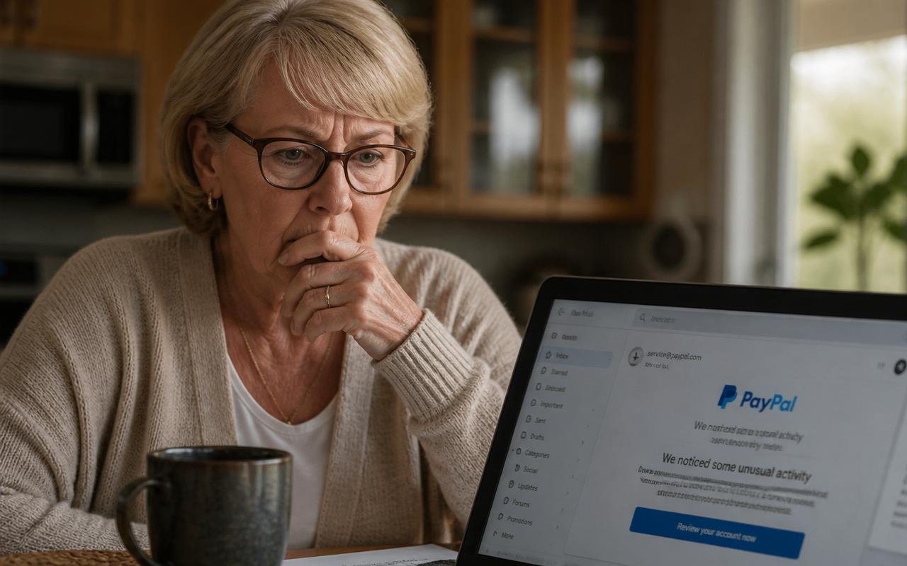 PayPal Scam Email in 2026: 9 Real Examples, Every Red Flag, and What to Do If You Clicked Concerned retired woman at her kitchen table reviewing a suspicious PayPal email on her laptop in warm morning light
