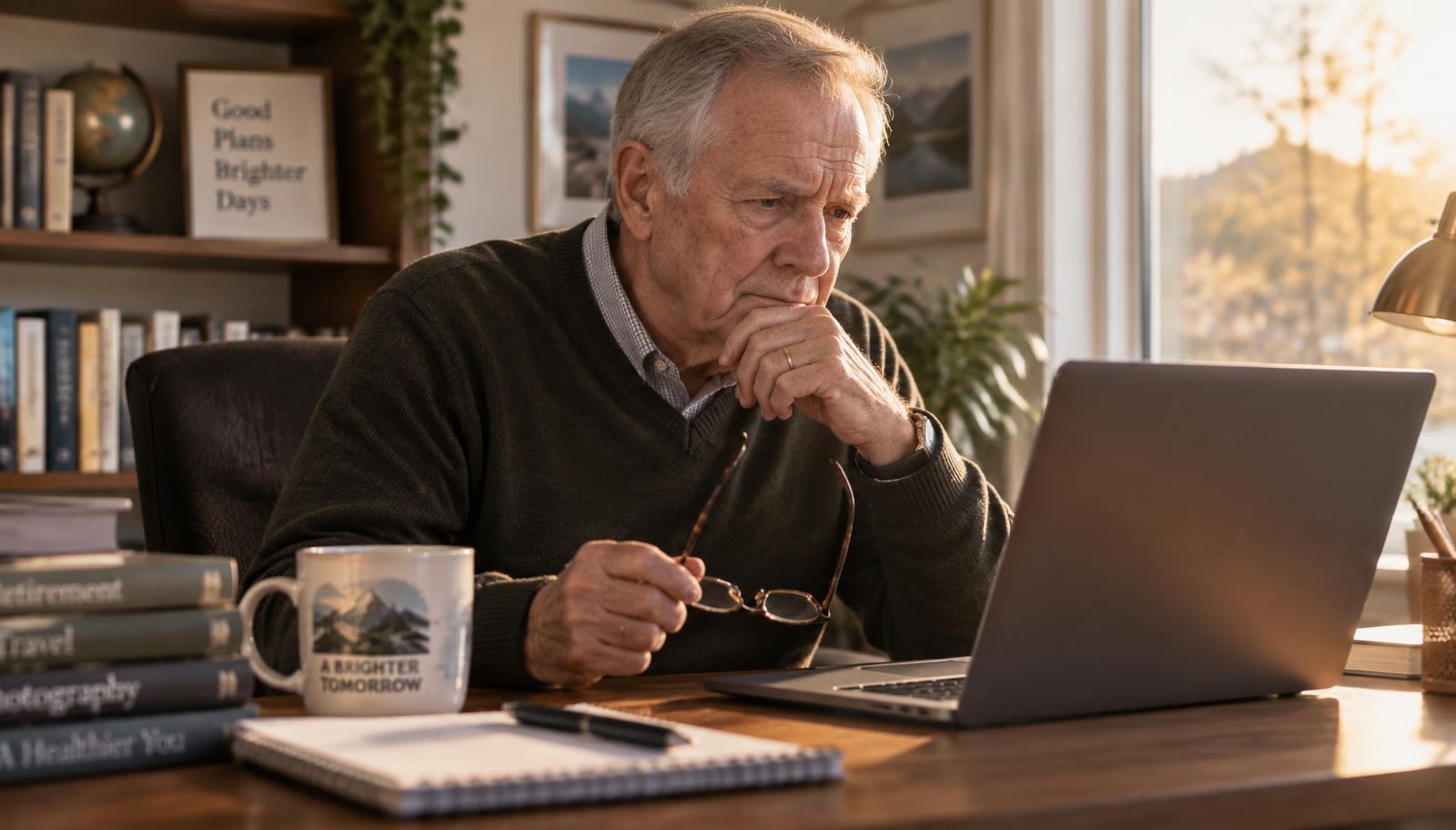 20 Phishing Email Examples Every Retiree Should Know (2026) Retired man in a sunlit home office carefully reading a suspicious phishing email on his laptop before clicking anything