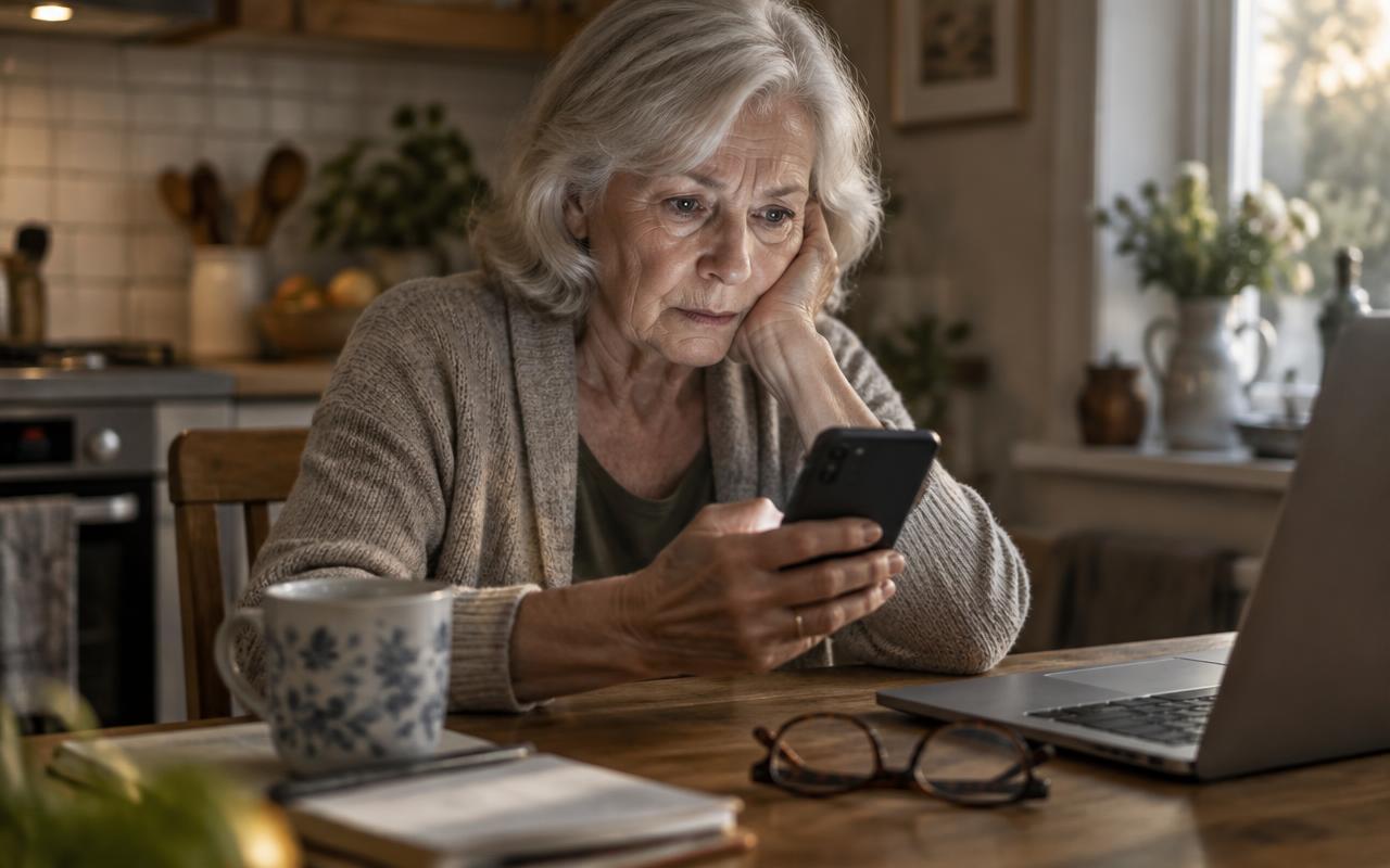 How to Know if Your Phone Is Hacked: 12 Signs (2026) Woman in her seventies at a kitchen table looking closely at her smartphone with concern, laptop and reading glasses beside her