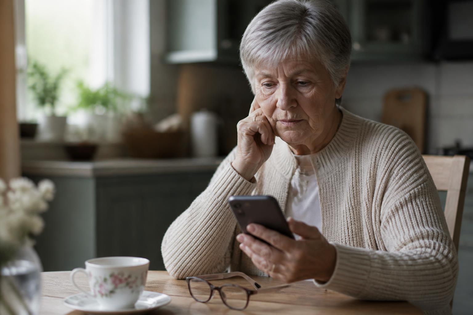 Pig Butchering Scam: How the 'Wrong Number' Text Steals Retirement Savings (2026) Pig butchering scam: senior woman at a kitchen table reading a suspicious romance and crypto investment text message on her smartphone