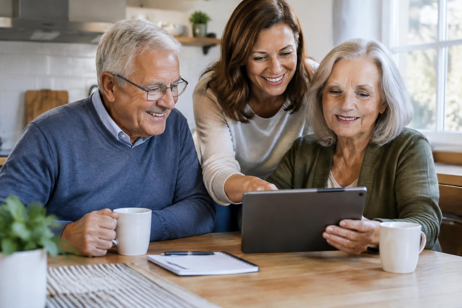 Retired couple reviewing scam alerts on a tablet with their adult daughter