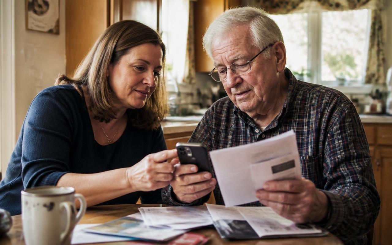 How to Protect Elderly Parents from Online and Phone Scams: The 2026 Family Guide Adult daughter sitting with her elderly father at a kitchen table, helping him review a suspicious text message on his smartphone alongside a stack of mail