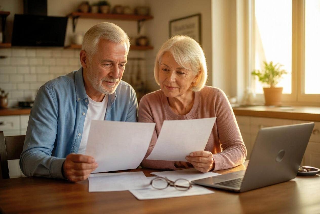 How to Protect Yourself From Identity Theft in Retirement (2026) Retired couple at a sunlit kitchen table reviewing a bank statement and credit report to check for signs of identity theft