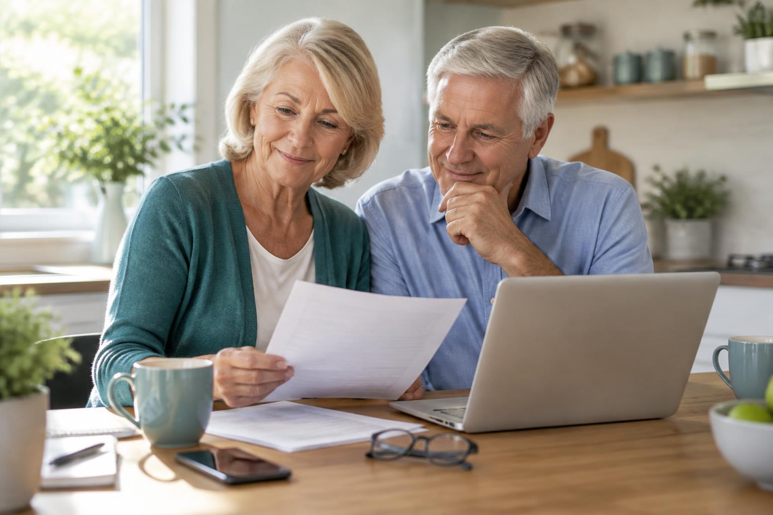21 Ways to Protect Yourself in Retirement: The Complete Safety Guide (2026) Senior couple in retirement reviewing financial documents together at a kitchen table with a laptop, staying protected from scams