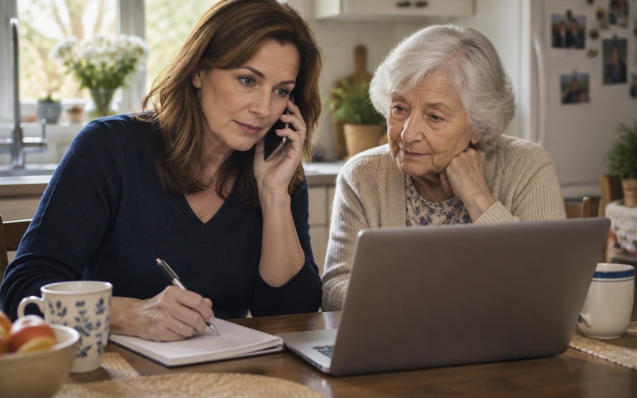 How to Report Elder Fraud: Every Hotline to Call (2026) Adult daughter at a kitchen table on the phone reporting a scam while her elderly mother watches a laptop screen beside her