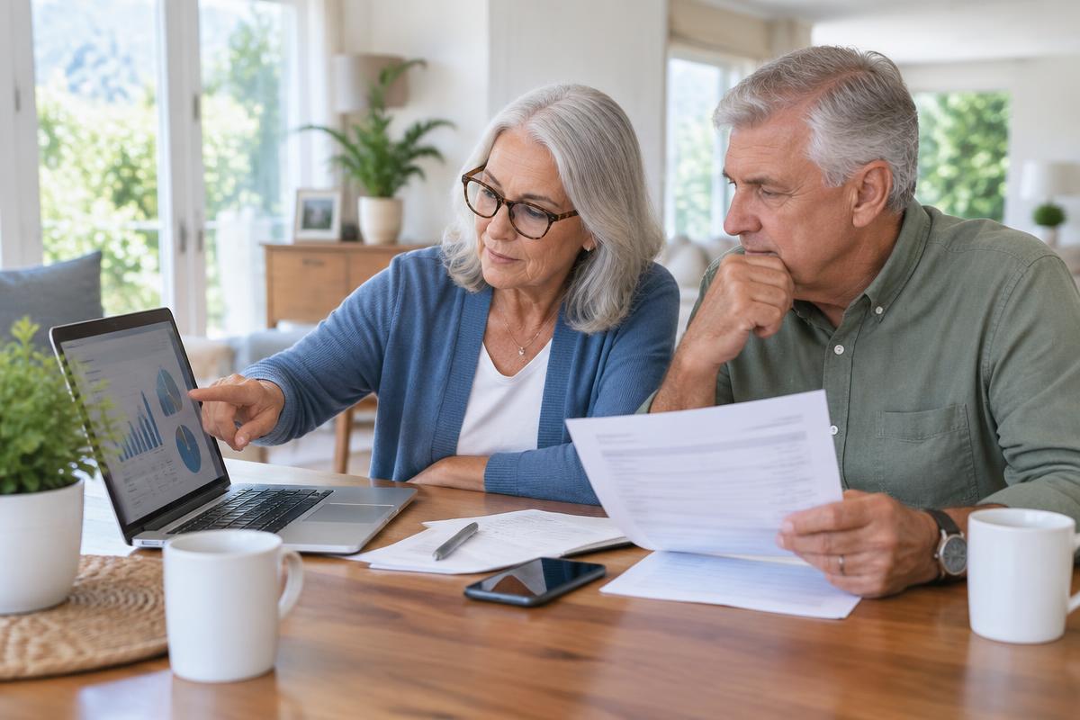 Retirement Account Fraud: 9 Signs Someone May Be Trying to Steal Your Savings Retired couple reviewing retirement account charts on a laptop and a printed statement together at their dining table