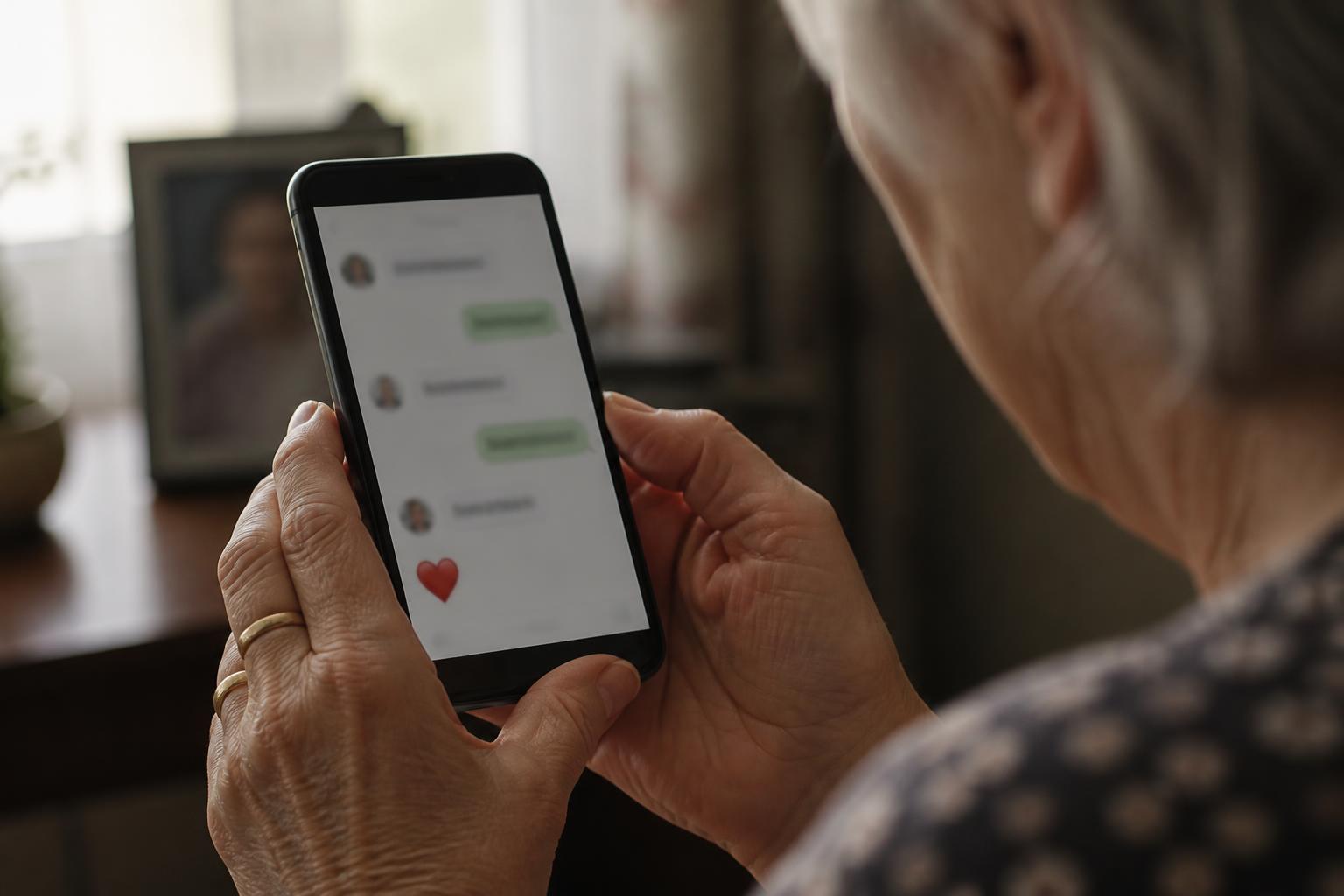 Romance Scams: The Complete 2026 Guide for Retirees and Their Families Romance scam illustration: senior woman's hands holding a smartphone showing a chat conversation with a heart emoji, wedding ring visible, warm window light