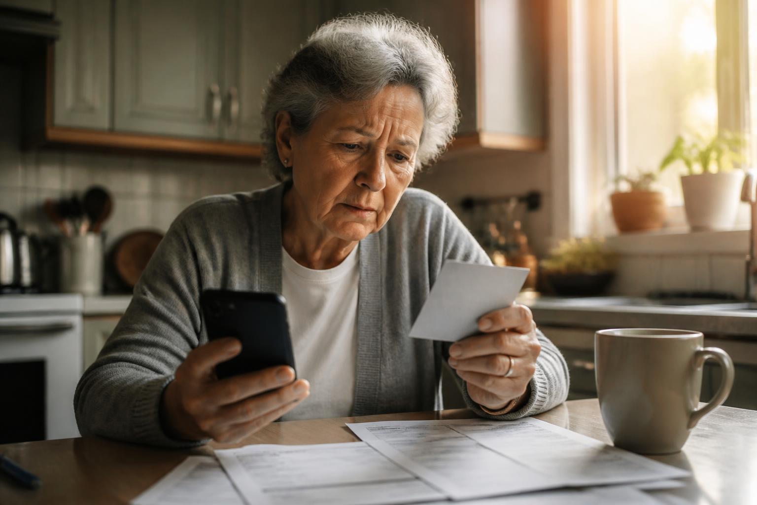 Social Security Scams: How to Spot the Call and Report It (2026 Guide) Social Security scam call: worried senior woman at her kitchen table holding a smartphone and Social Security card with bills nearby, targeted by a fake SSA impostor