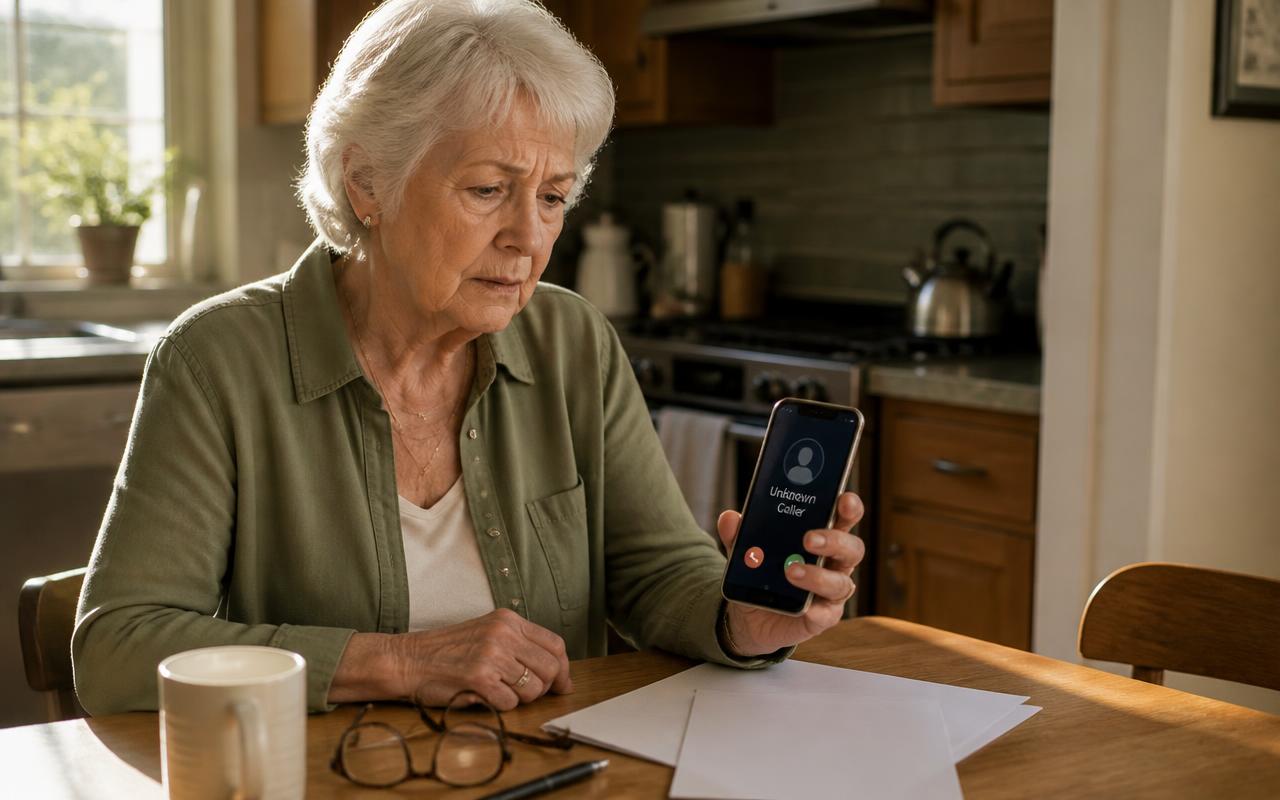 Social Security Scam Warning for Retirees (2026 Guide) Social Security scam warning for retirees — a silver-haired woman in her seventies at a sunlit kitchen table studying an unknown caller on her smartphone next to a plain letter and reading glasses