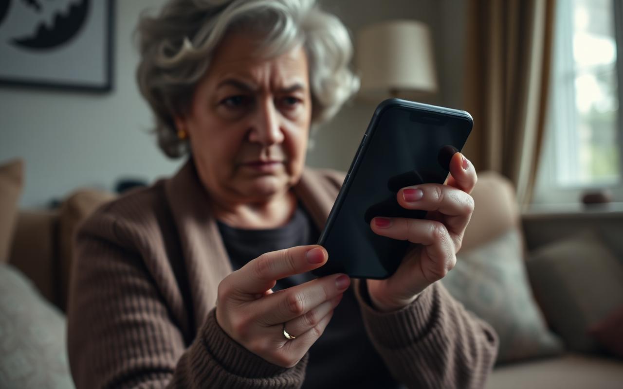 Spam Risk Calls in 2026: What They Are & How to Block Them Spam Risk calls — worried senior woman in a cardigan holding a smartphone showing a red Spam Risk incoming call warning label on the screen