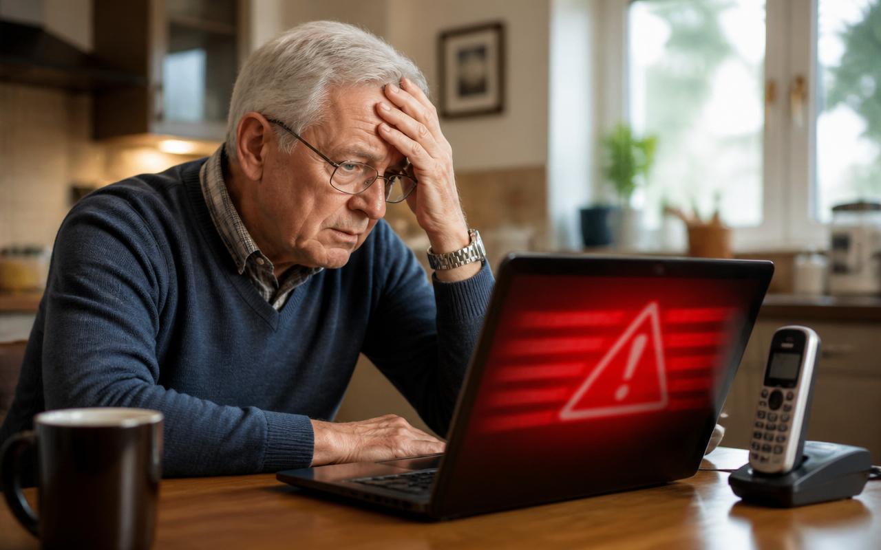 Tech Support Scam in 2026: The Fake Microsoft/Apple Pop-Up That Empties Senior Bank Accounts Tech support scam — worried senior man at a kitchen table looking at a fake red Microsoft security alert pop-up on his laptop screen next to a cordless phone