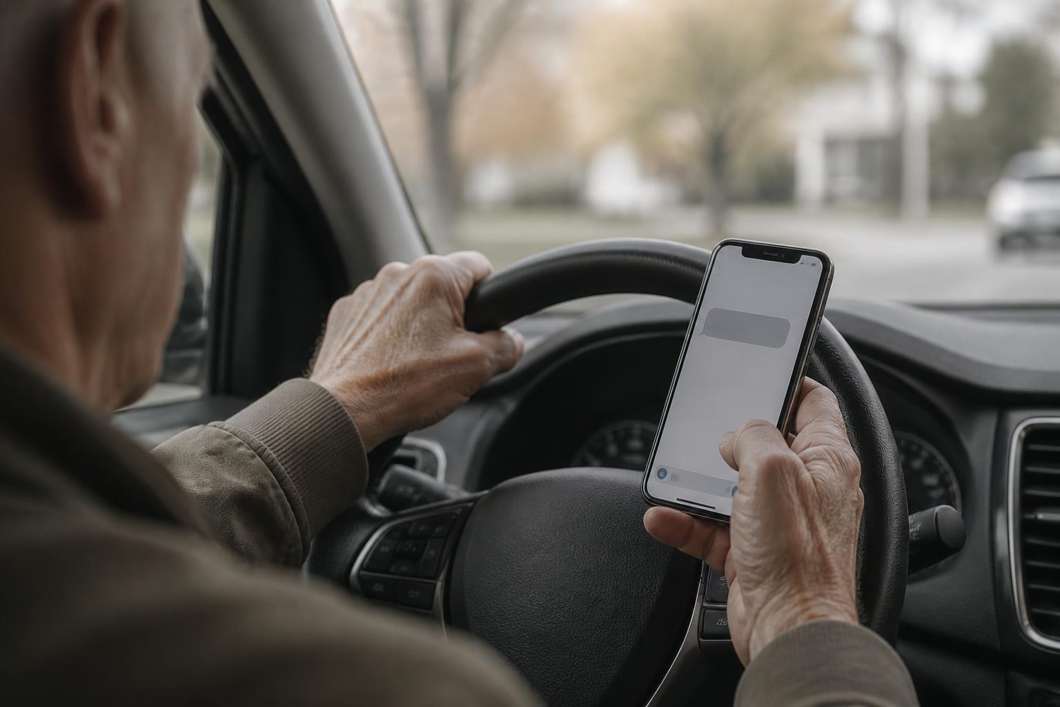 Toll Road Scam Text: How to Spot the Fake 'Unpaid Toll' Message (2026 Guide) Toll road scam text example: senior driver at a car steering wheel holding a smartphone showing a fake unpaid toll SMS message with a phishing payment link