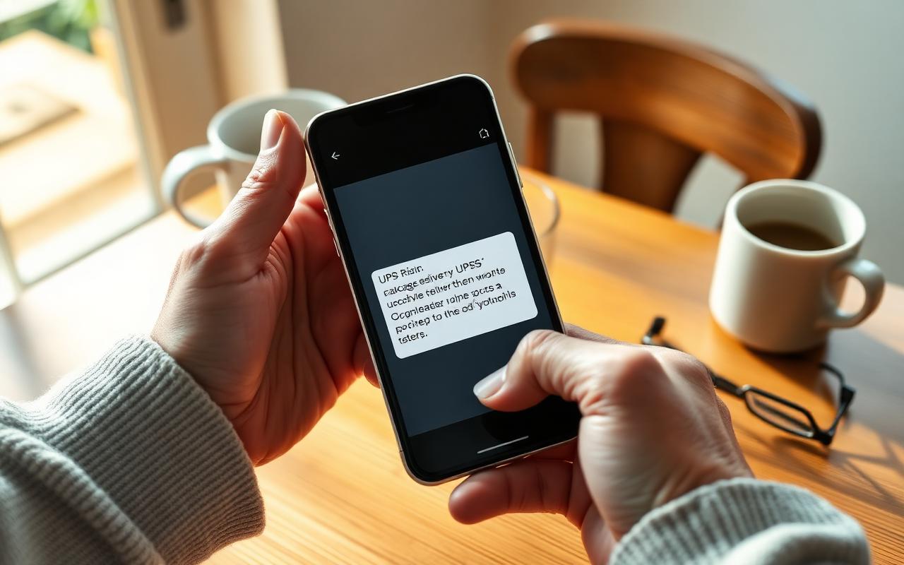 USPS Text Scam in 2026: How to Spot the Fake Delivery Text (Real Examples) Older adult's hands holding a smartphone displaying a suspicious USPS package delivery text at a sunlit kitchen table